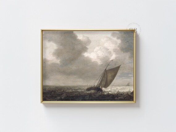 Stormy Sea Sailboat Classic Maritime Cloudy Sky Oil Painting Poster