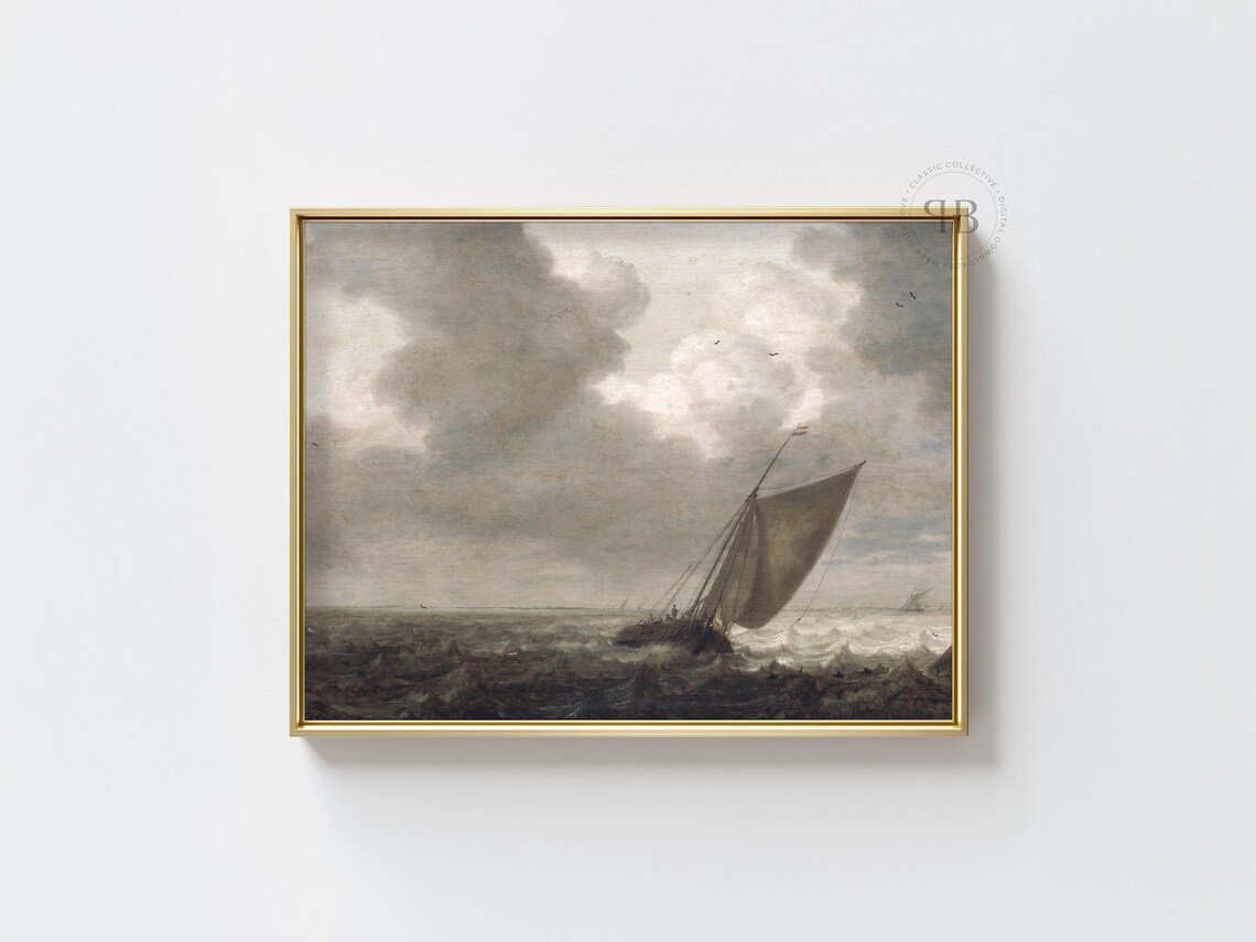 Stormy Sea Sailboat Classic Maritime Cloudy Sky Oil Painting Poster
