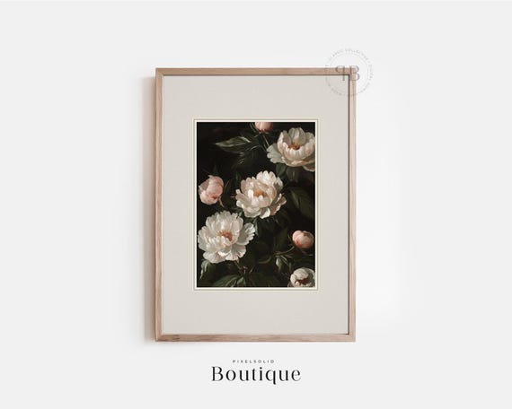 Peony Wall Art Vintage Style Floral Print Botanical Flower Painting White Peonies Rustic Farmhouse Decor No675