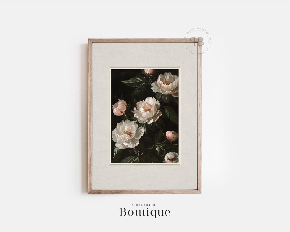 White Peonies Vintage Floral Oil Painting Dark Botanical Poster