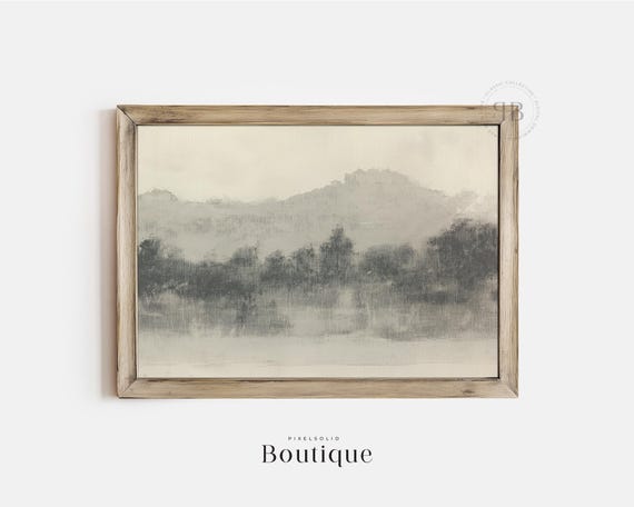 Minimalist Abstract Landscape Art Print Neutral Toned Wall Gray Monochrome Foggy Mountain Scenery Serene Nature Inspired Decor No450