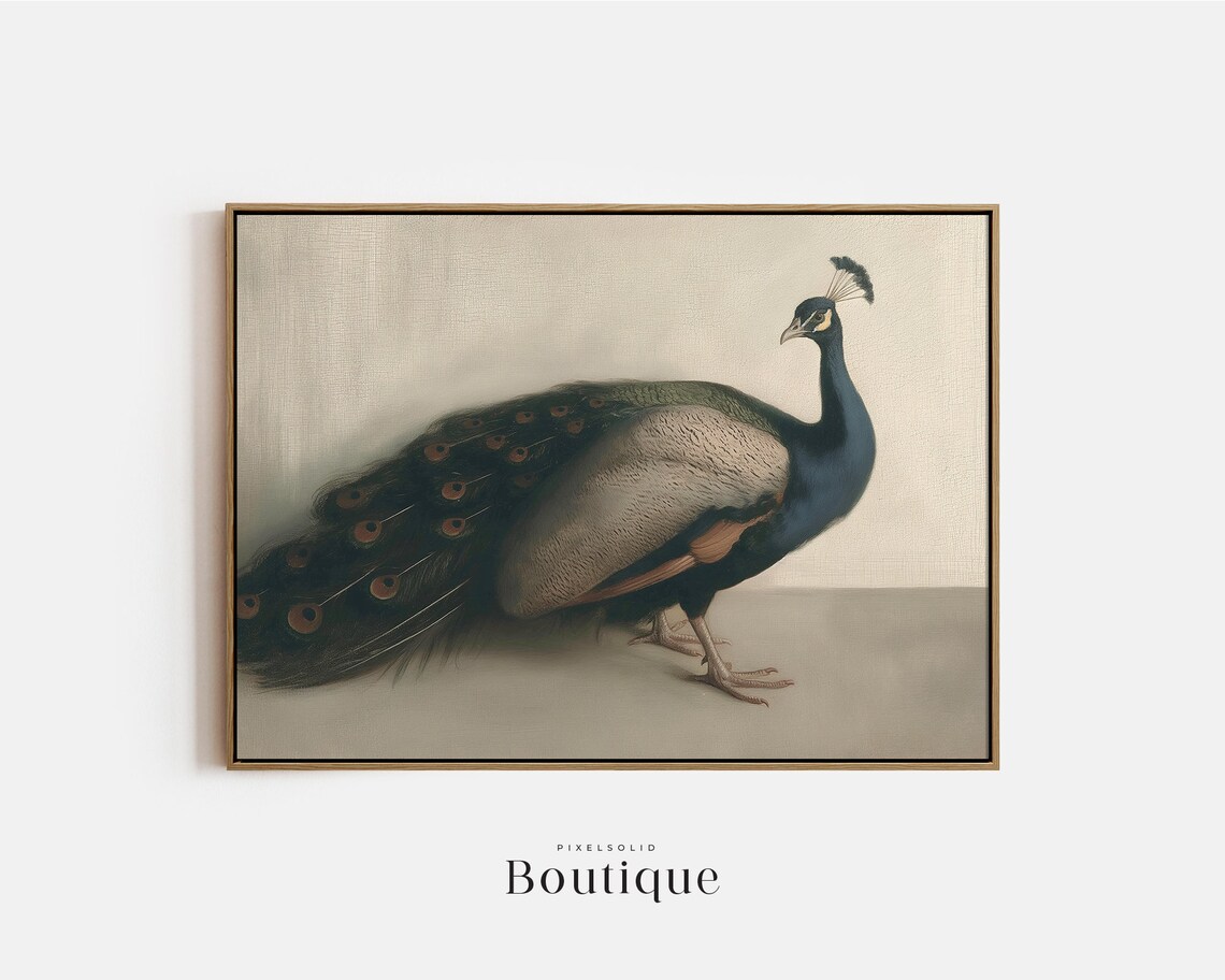 Majestic Peacock Iridescent Tail Moody Vintage Bird Oil Painting Print