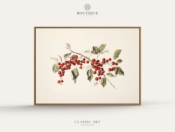 Red Berry Branch With Green Leaves Vintage Botanical Christmas Art Poster