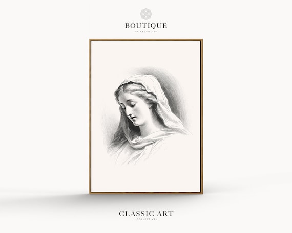Virgin Mary Antique Art Hail Print, Minimalist Etching