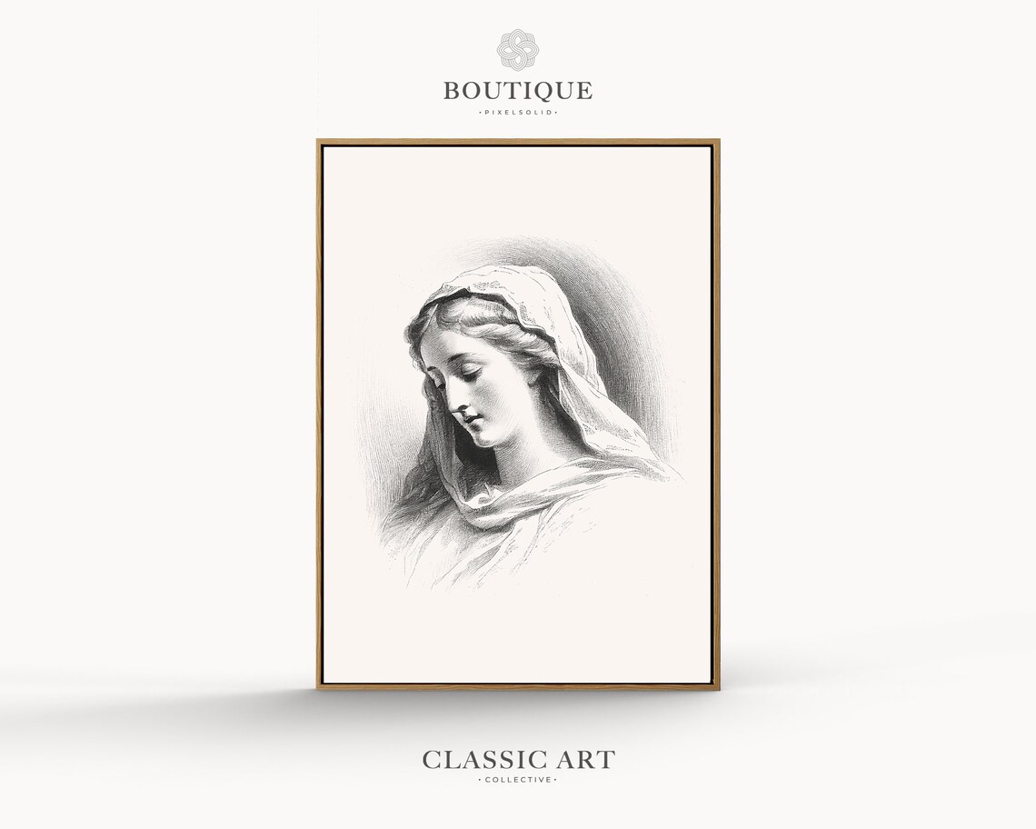 Virgin Mary Antique Art Hail Print, Minimalist Etching