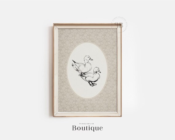 Duck Illustration Antique Farmhouse Animal Art Rustic Country Wall Decor Ink Sketch Vintage Style No742