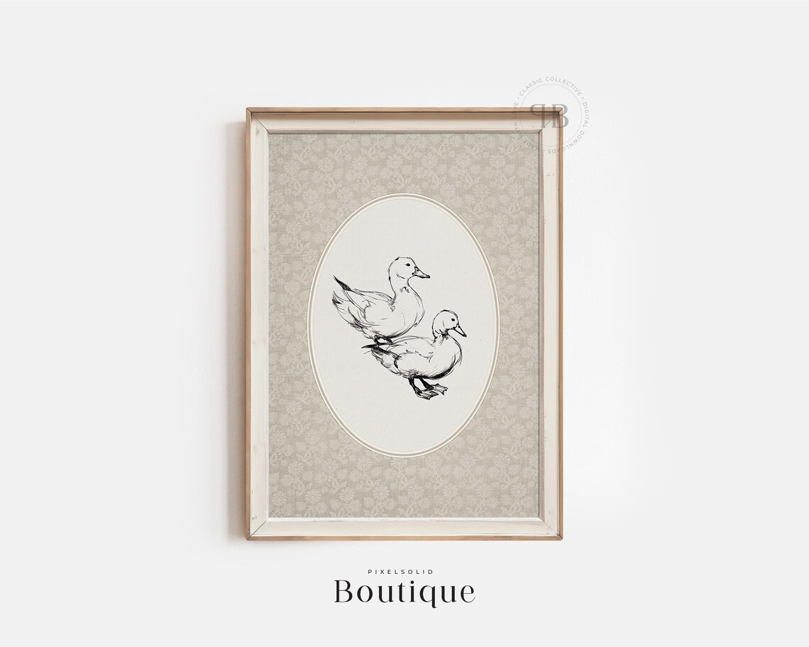 Pair of Ducks in Oval Frame Ink Sketch Vintage Farmhouse Animal Print