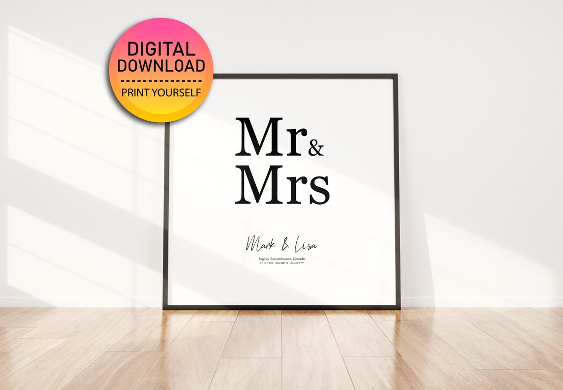 Personalized Mr & Mrs Wedding Sign with Names Date Coordinates Poster - Image 2