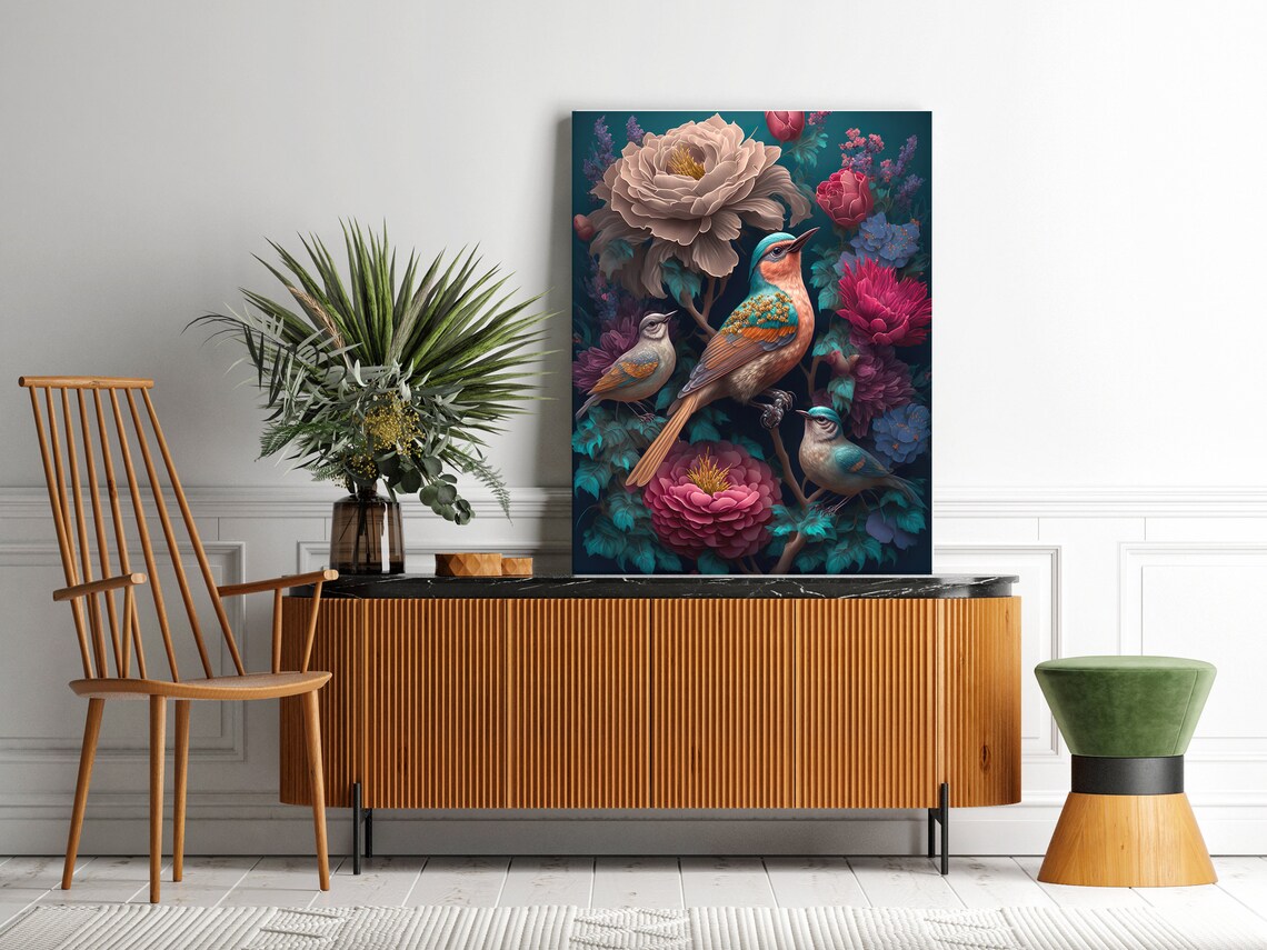 Jewel Tone Birds Among Peonies and Flowers Dark Botanical Art Poster - Image 2