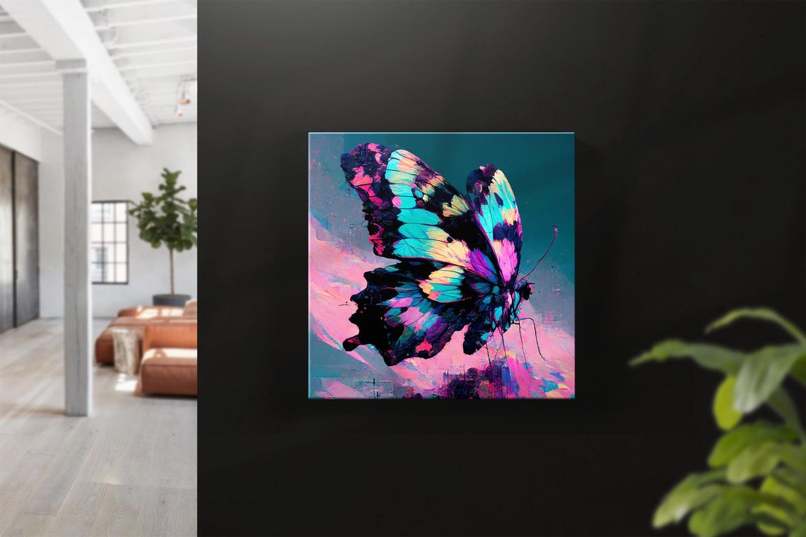 Neon Butterfly Abstract Poster Pink Turquoise Wings On Teal Background - Image 2