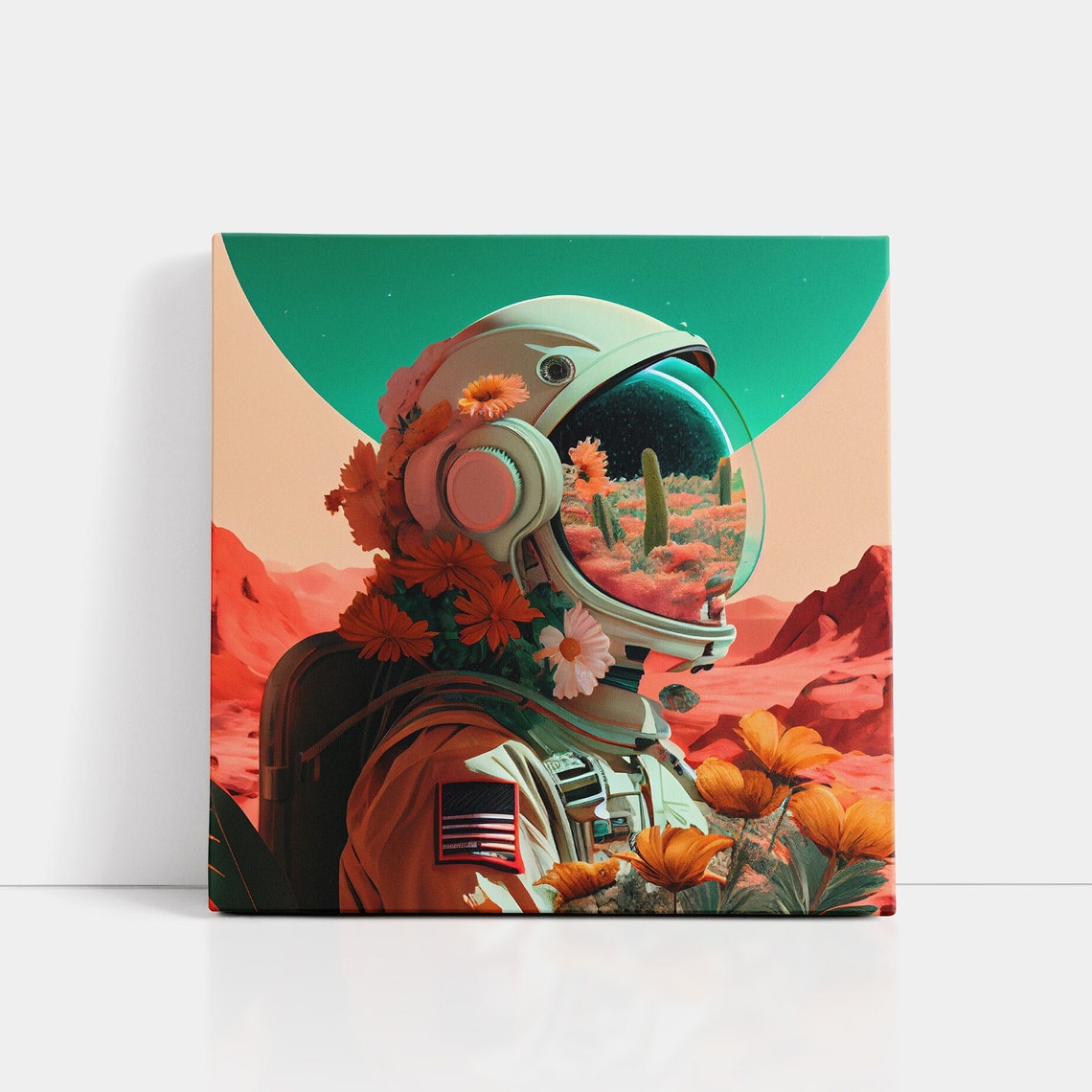 Floral Astronaut Portrait Poster Daisy Helmet Desert Space Collage Art