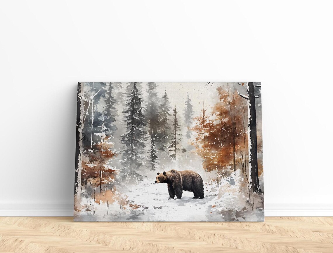 Bear In Snowy Watercolor Forest Brown Bear Winter Wildlife Art Poster