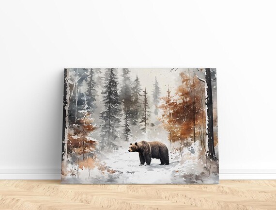Bear In Snowy Watercolor Forest Brown Bear Winter Wildlife Art Poster