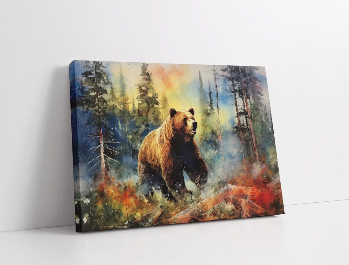 Brown Bear Walking Through Autumn Forest Watercolor Wildlife Art Poster - Image 3