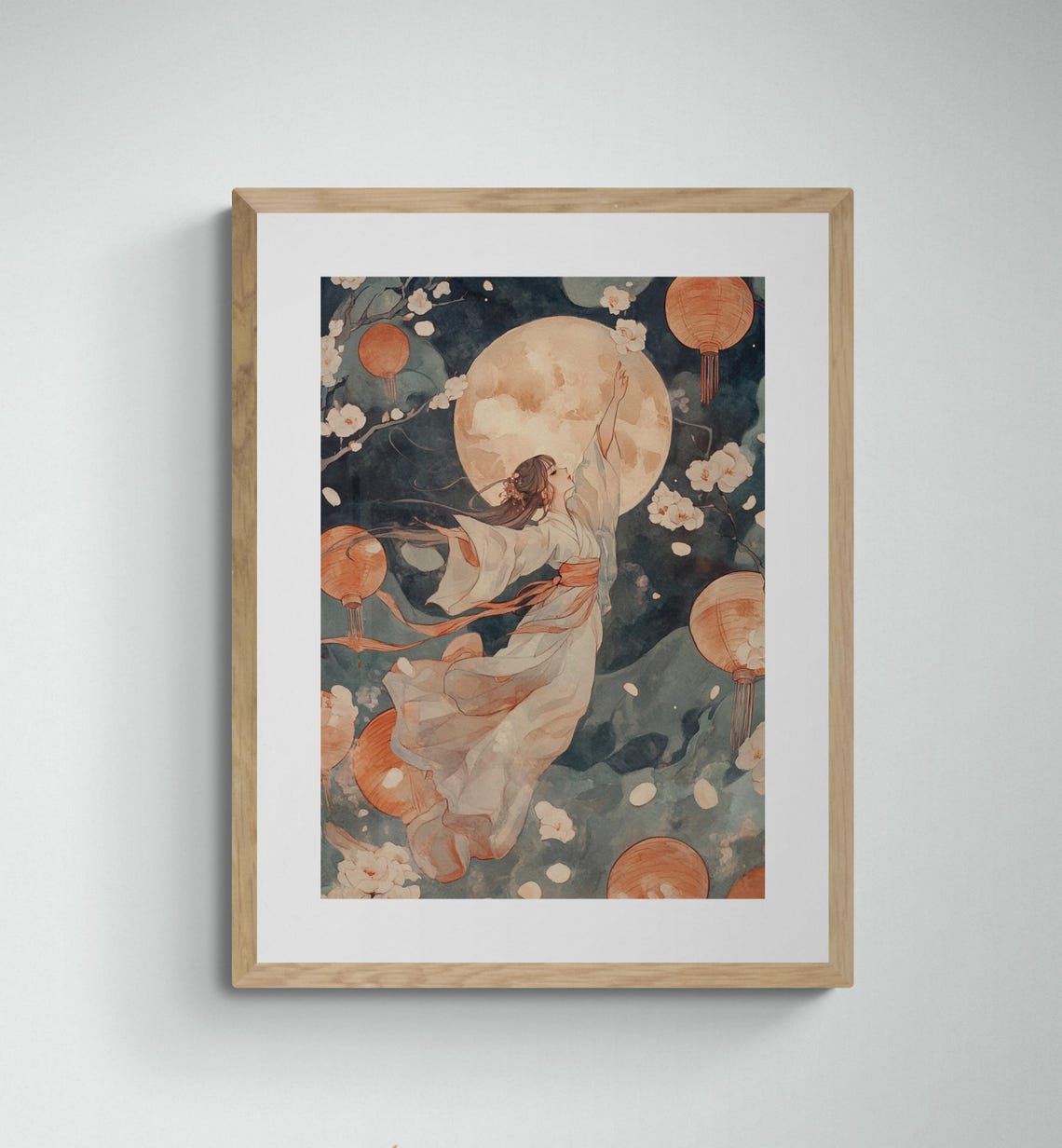 Celestial Hanfu Dancer Moonlit Night Lanterns Blossom Moon Wall Art