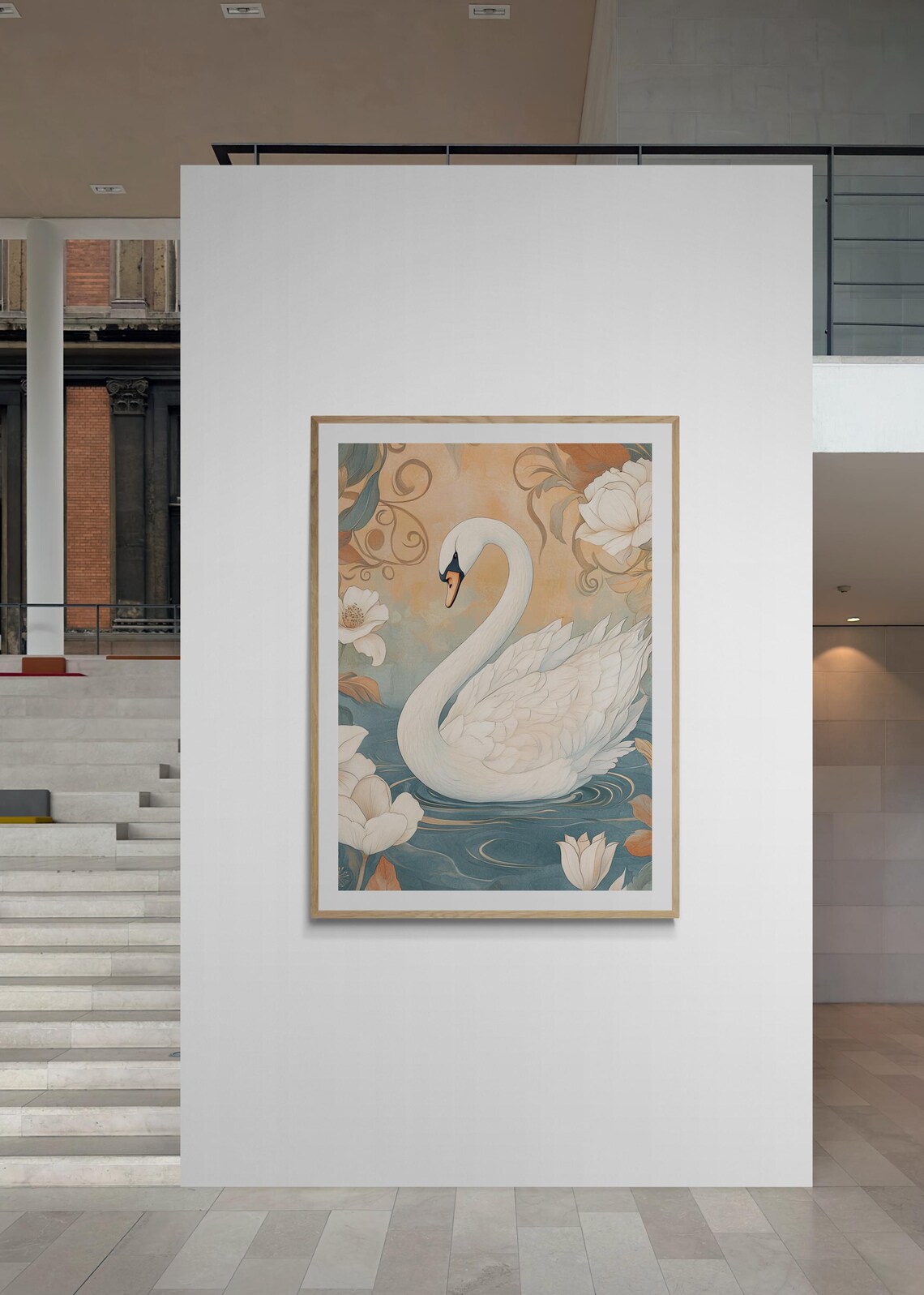 Art Nouveau White Swan On Blue Water Lotus Flowers Elegant Wall Art - Image 3