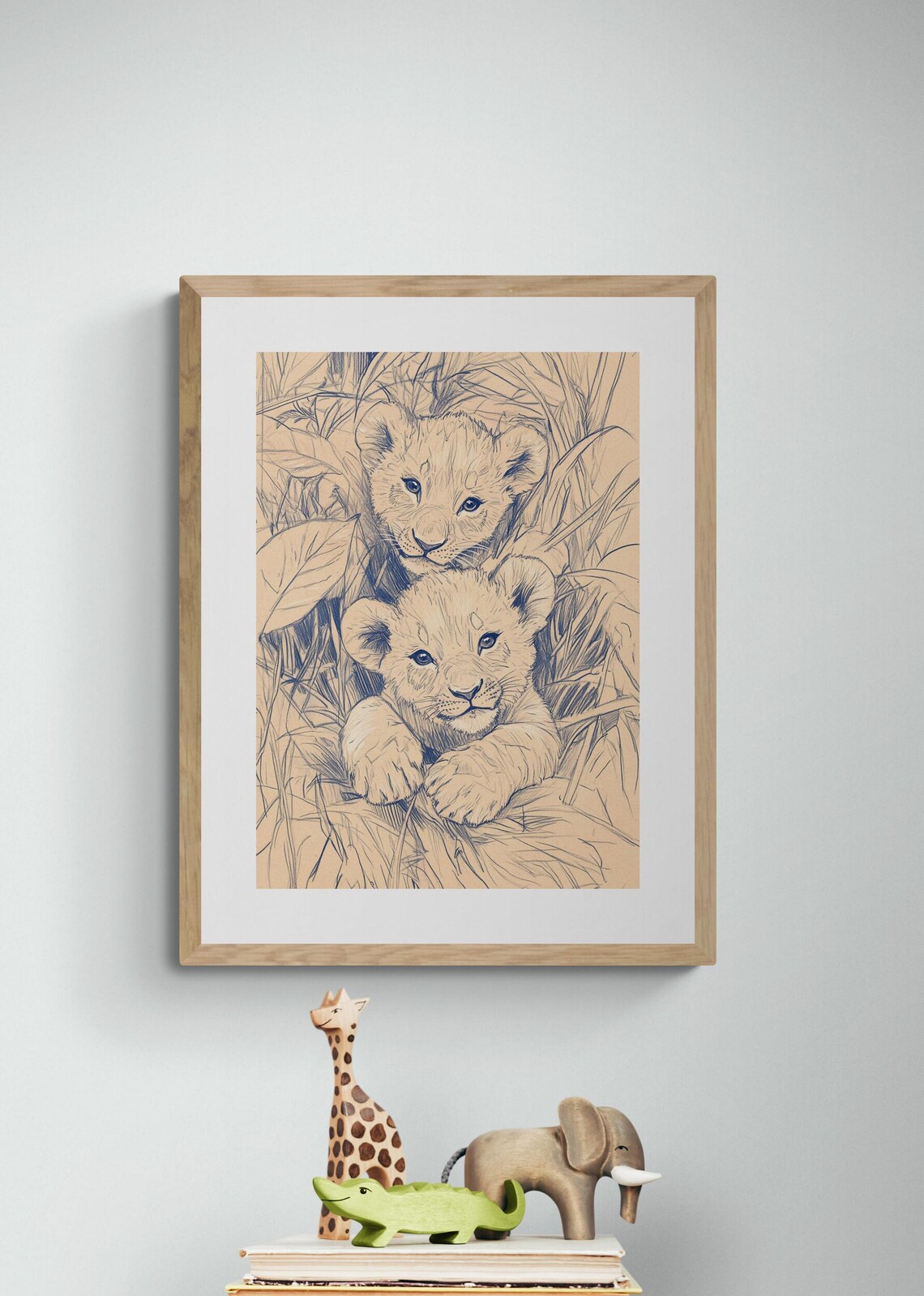 Two Lion Cubs Sketch Adorable Baby Lions Savanna Grass Nursery Wall Art Print
