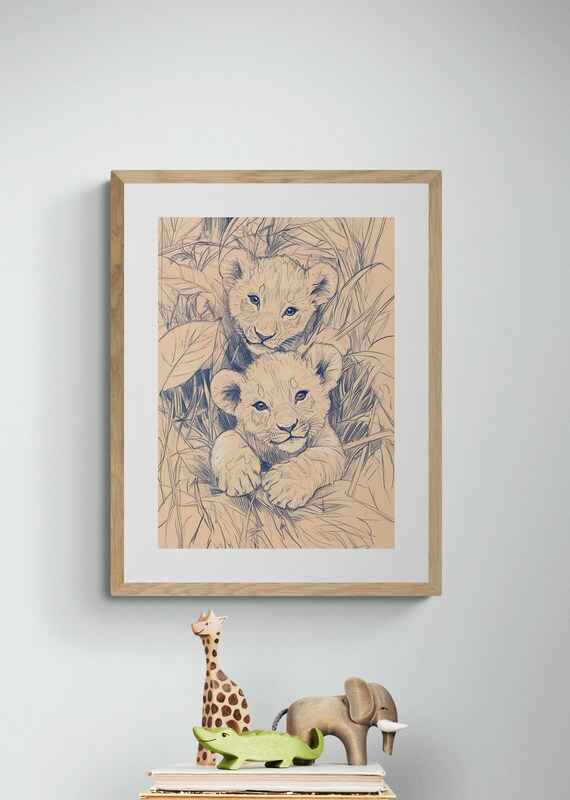 Two Lion Cubs Sketch Adorable Baby Lions Savanna Grass Nursery Wall Art Print