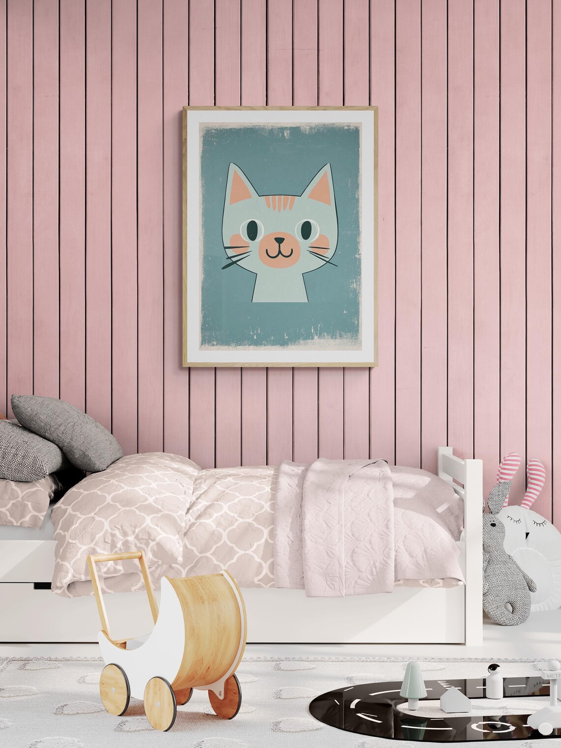 Smiling Cat Face Retro Mid Century Kids Room Nursery Wall Art Print - Image 2