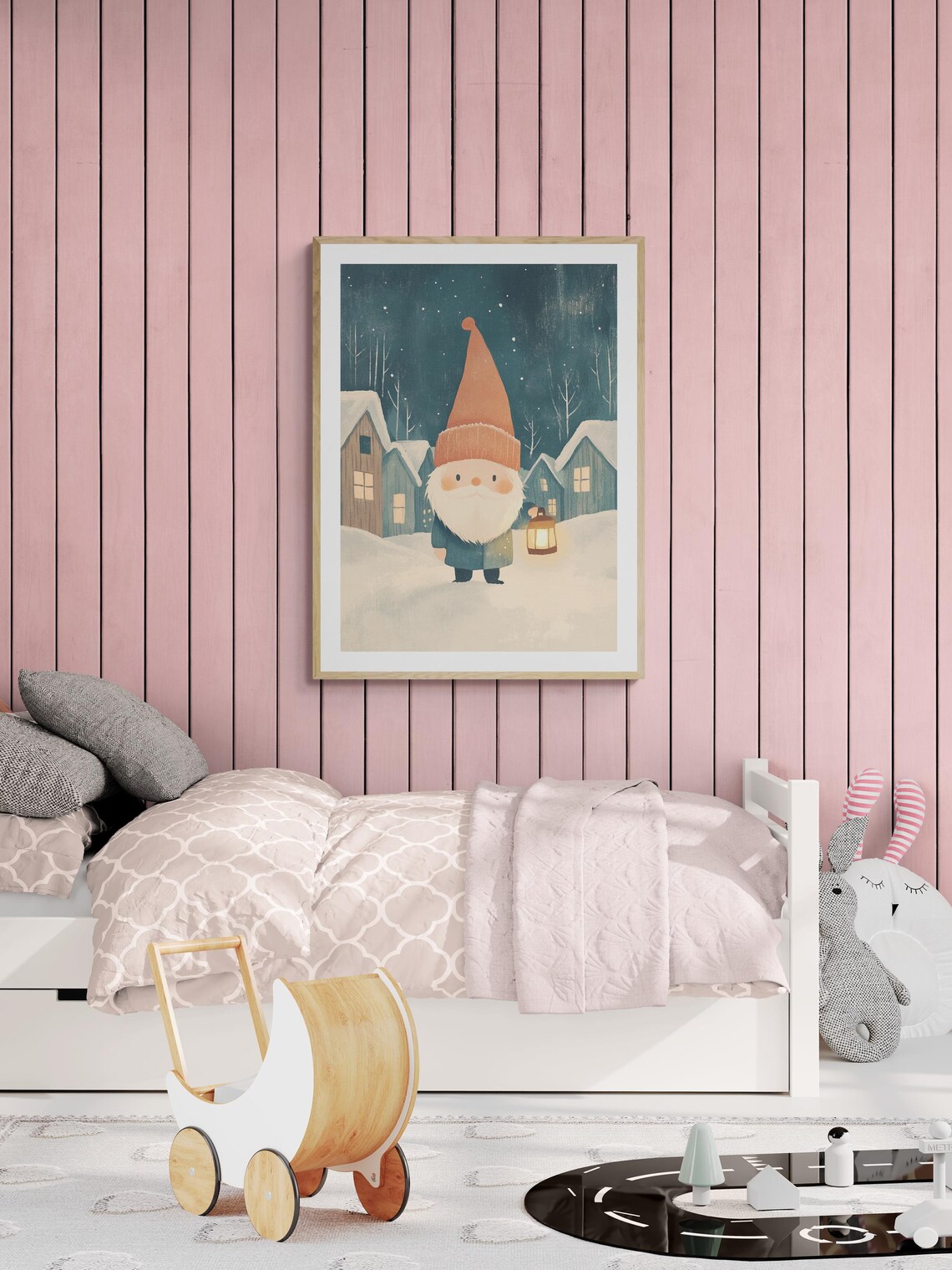 Viking Gnome Tomte With Lantern Snowy Nordic Village Night Wall Art - Image 2