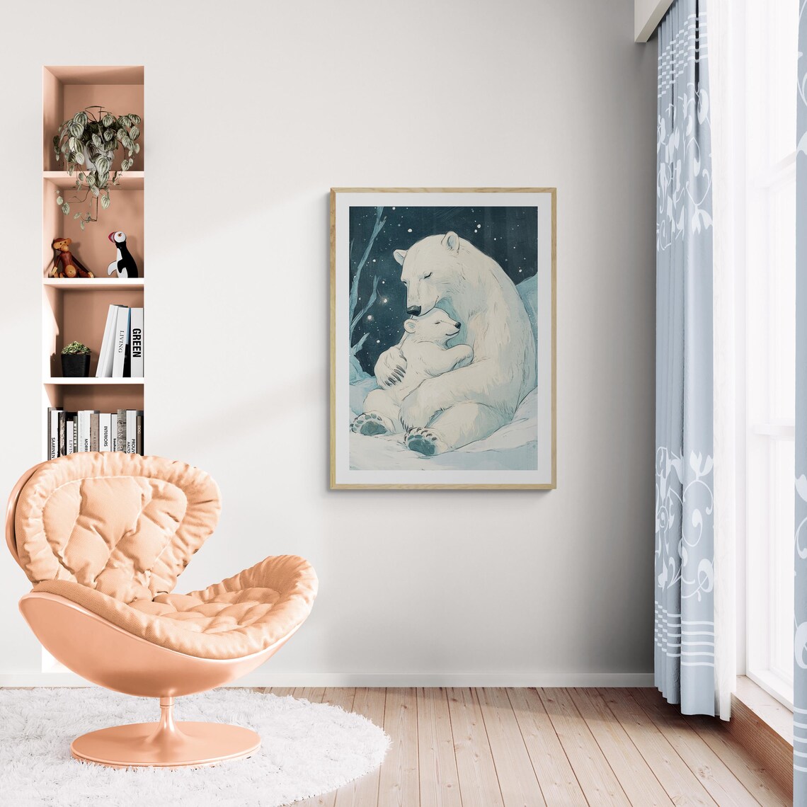 Polar Bear Mother Baby Hugging Starry Winter Night Nursery Wall Art Print - Image 3