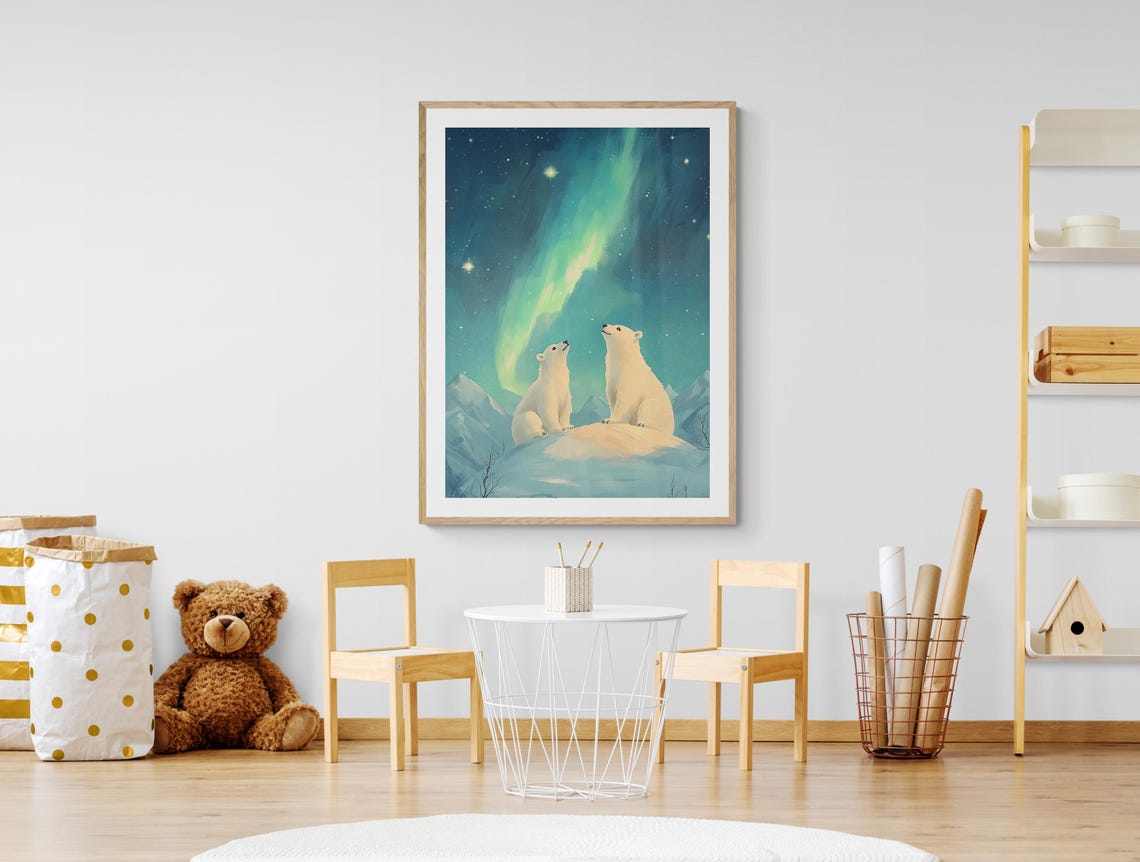Polar Bears Watching Aurora Borealis Starry Arctic Kids Wall Art Print - Image 2