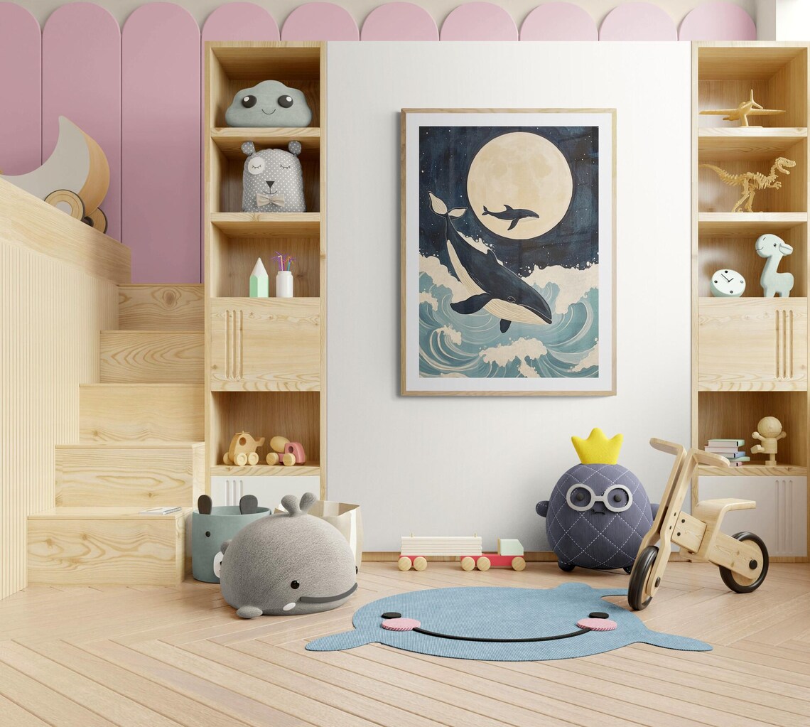 Moonlight Whales Mother Baby Full Moon Ocean Waves Nursery Wall Art Poster - Image 3
