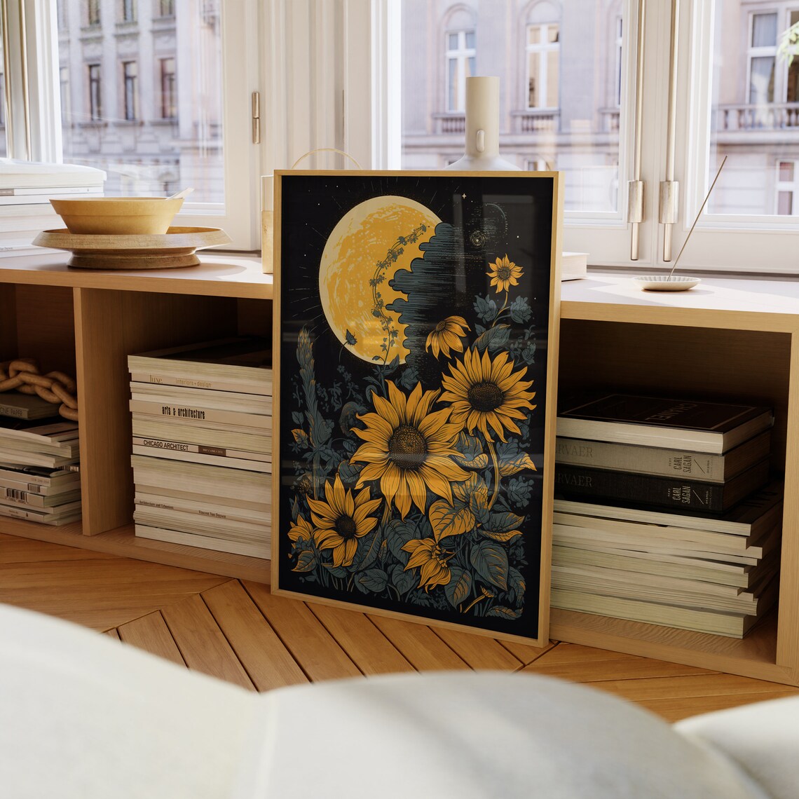 Moon and Sunflowers Vintage Block Print Art Print - Image 4