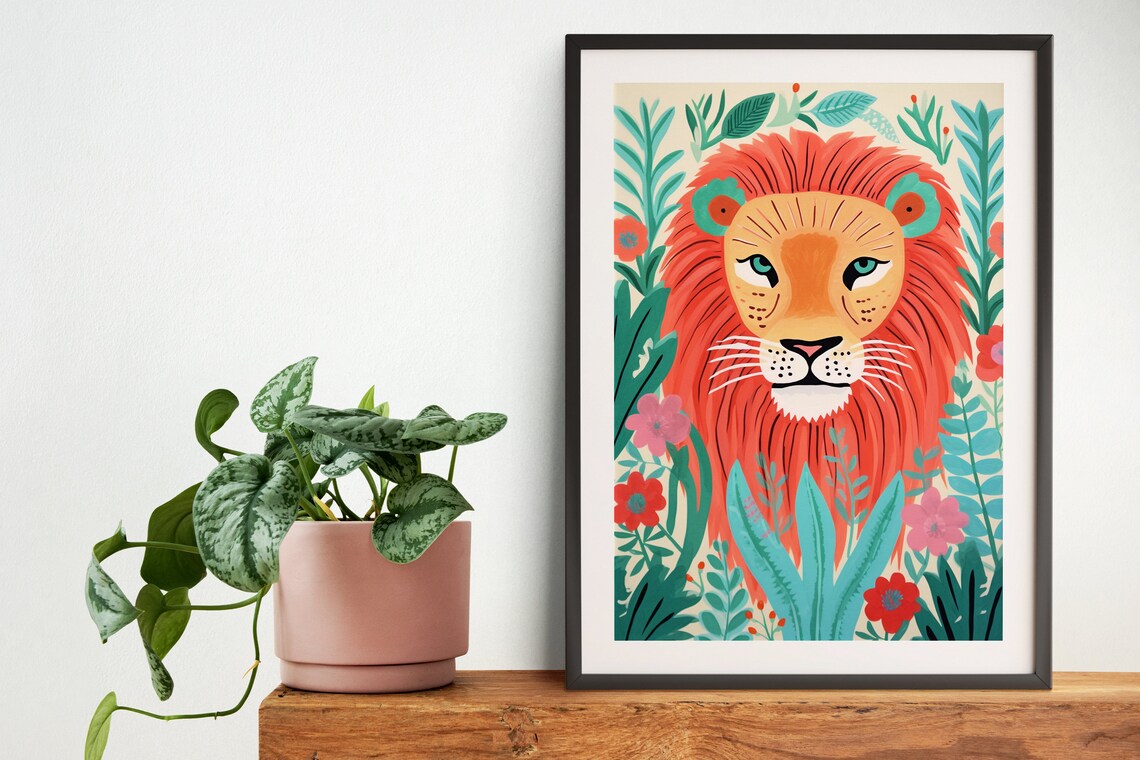 Lion Botanical Jungle Art Print, Pastel Abstract Kids Decor - Image 2