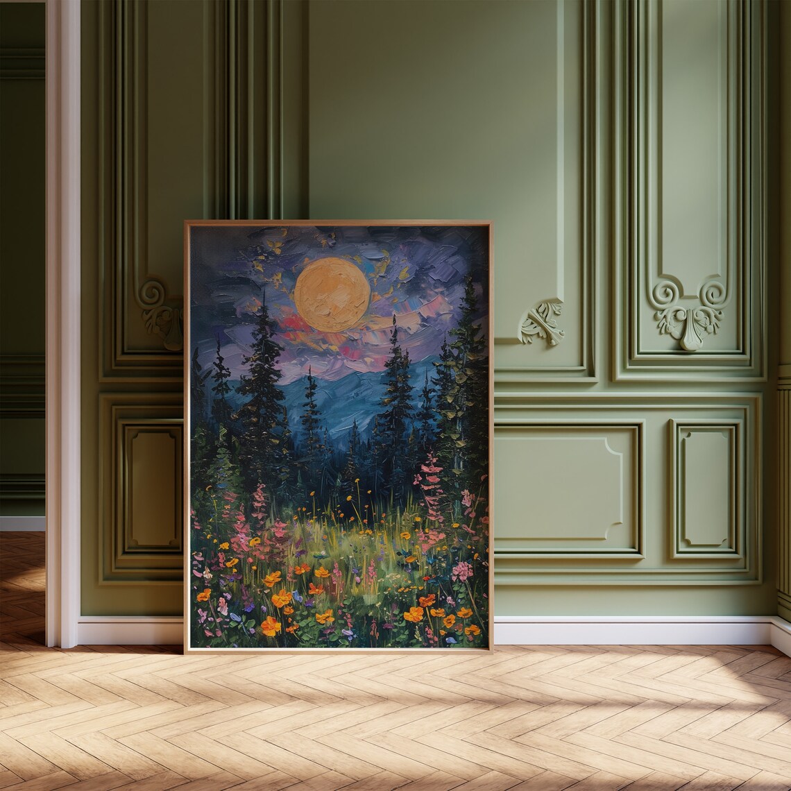 Moon Above Wildflowers and Woodland Art Print - Image 3