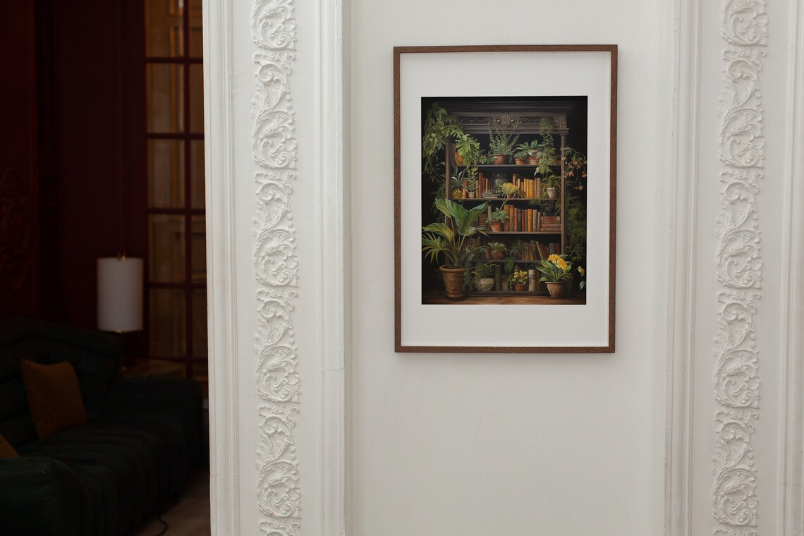Dark Academia Bookcase and Plants Art Print - Image 3