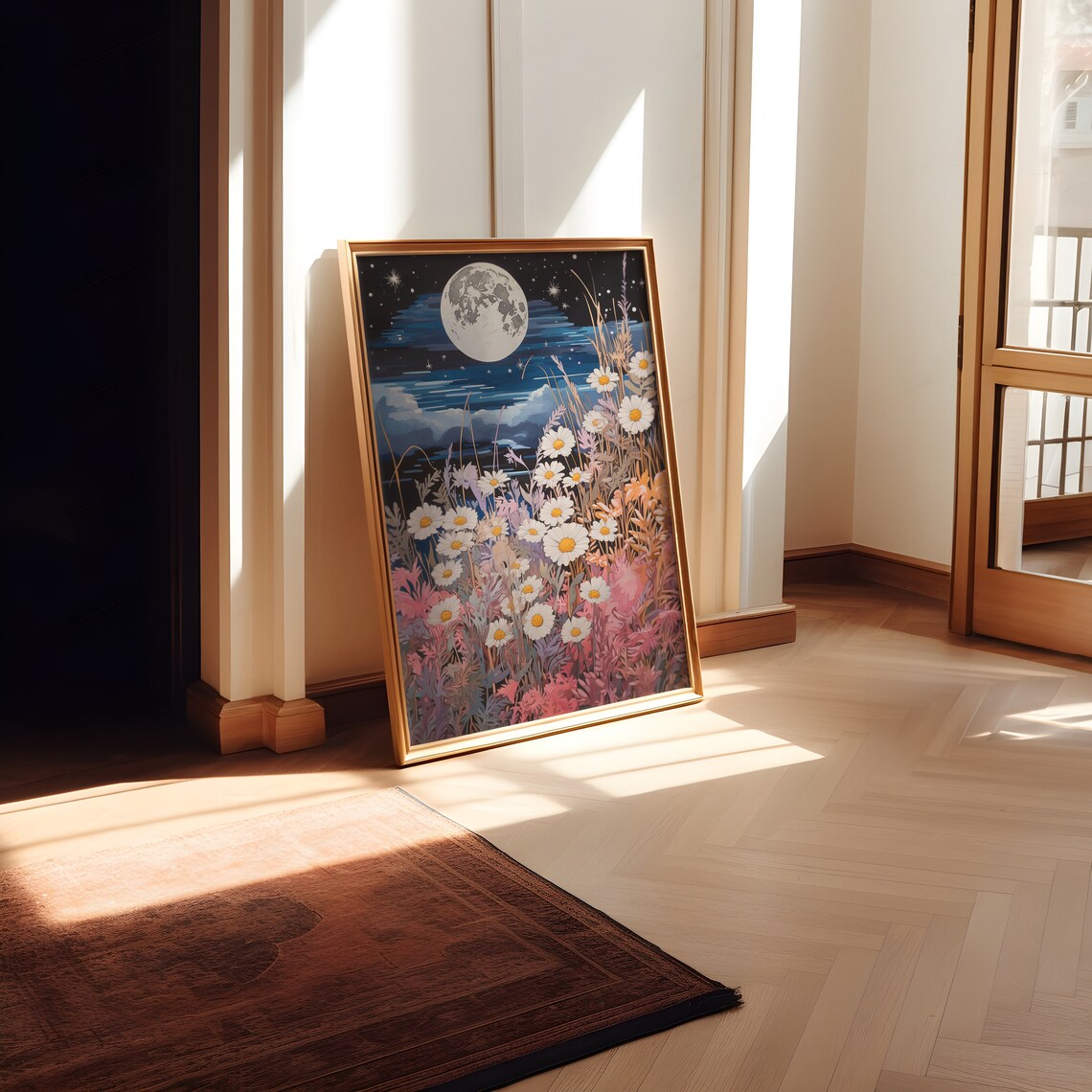 Moon And Pastel Flowers Vintage Block Print Art - Image 4