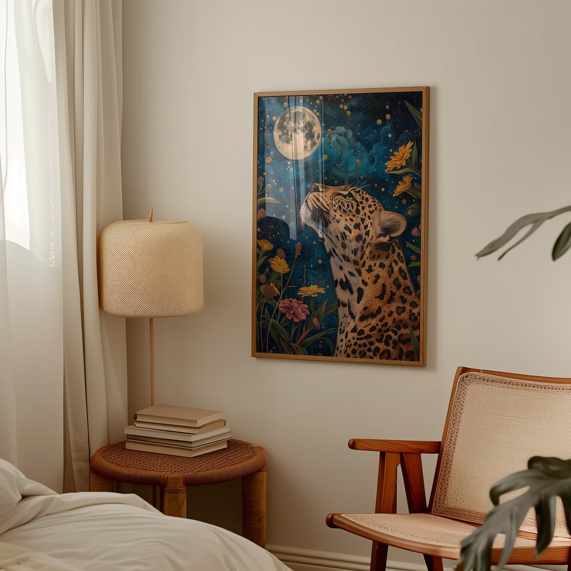 Leopard In The Wildflowers Gazing At The Full Moon Art Print - Image 4