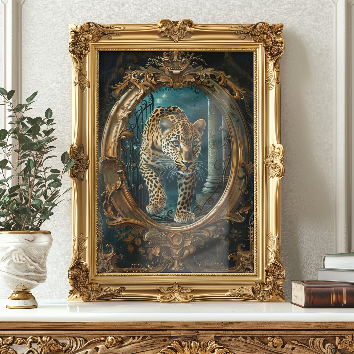 Leopard Through Gold Frame Art Print, Maximalist - Image 4