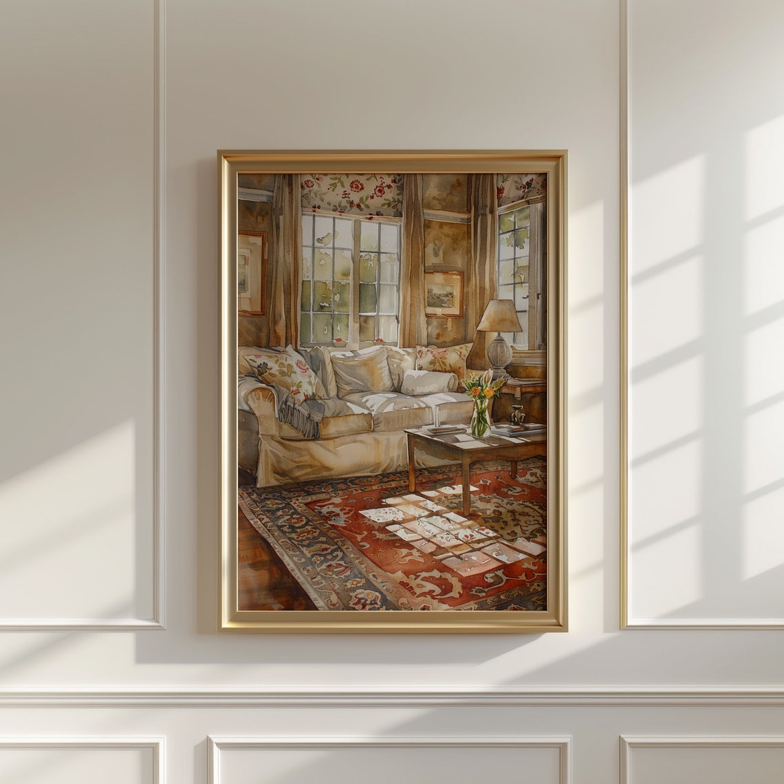 Cosy Traditional Living Room Sunlit Watercolor Interior Art Print - Image 4
