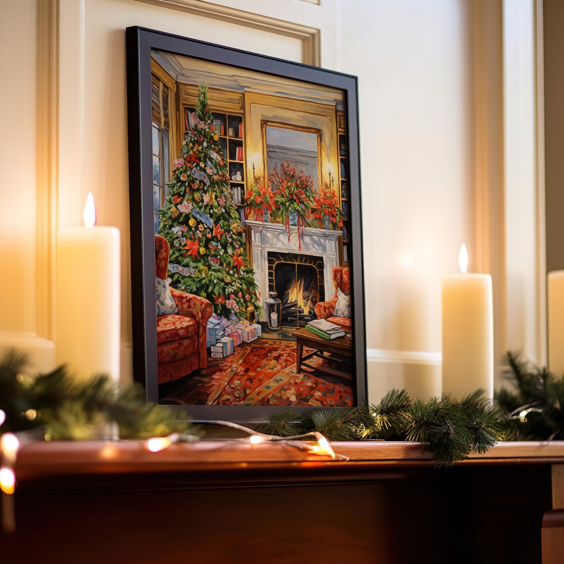 Vintage Christmas Living Room Tree Fireplace Mantel Art Print - Image 4