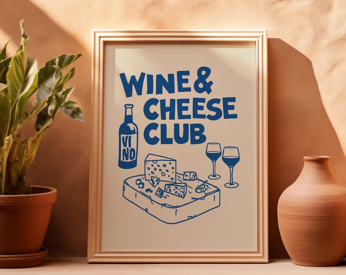 Navy Wine And Cheese Club Retro Bar Cart Kitchen Wall Decor Poster