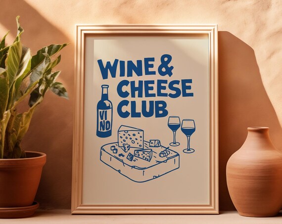 Navy Wine And Cheese Club Retro Bar Cart Kitchen Wall Decor Poster