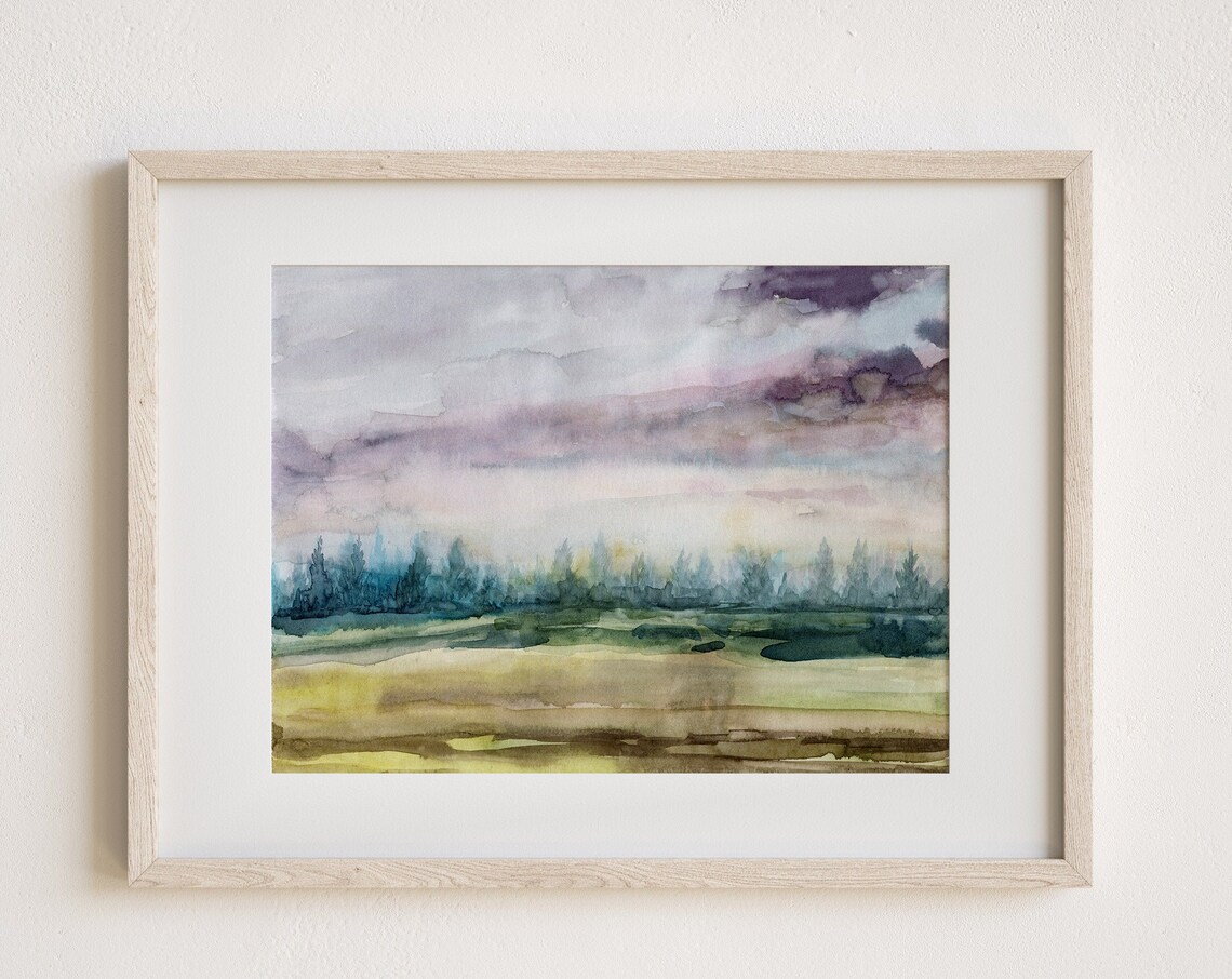 Dreamy Watercolor Meadow Lavender Sky Teal Treeline Field Print