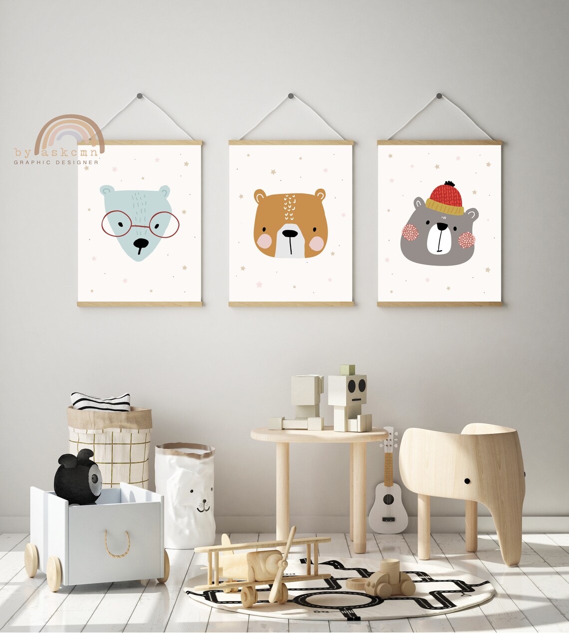Cute Smiling Bear Cub In Red Knit Hat With Stars Nursery Poster - Image 6