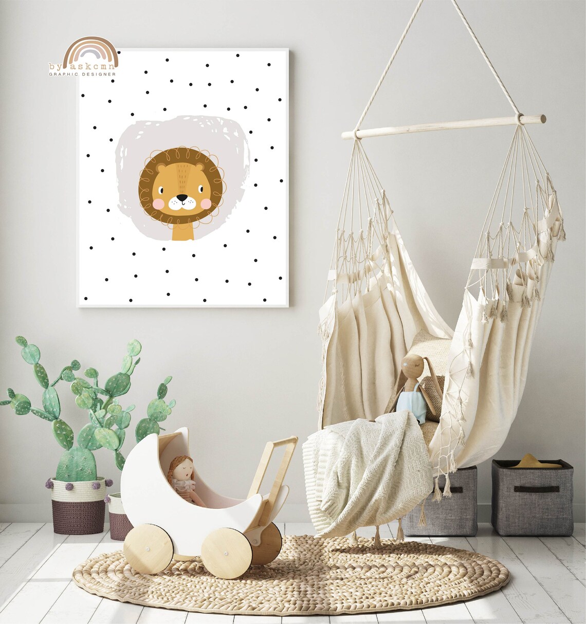 Cute Lion Nursery Wall Decor Poster with Gray Splash Polka Dots - Image 2