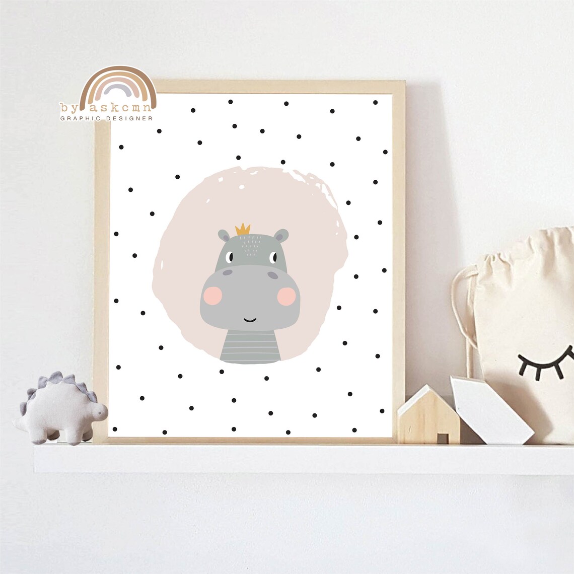 Baby Hippo Nursery Little Crown Polka Dot Safari Kids Room Poster - Image 4