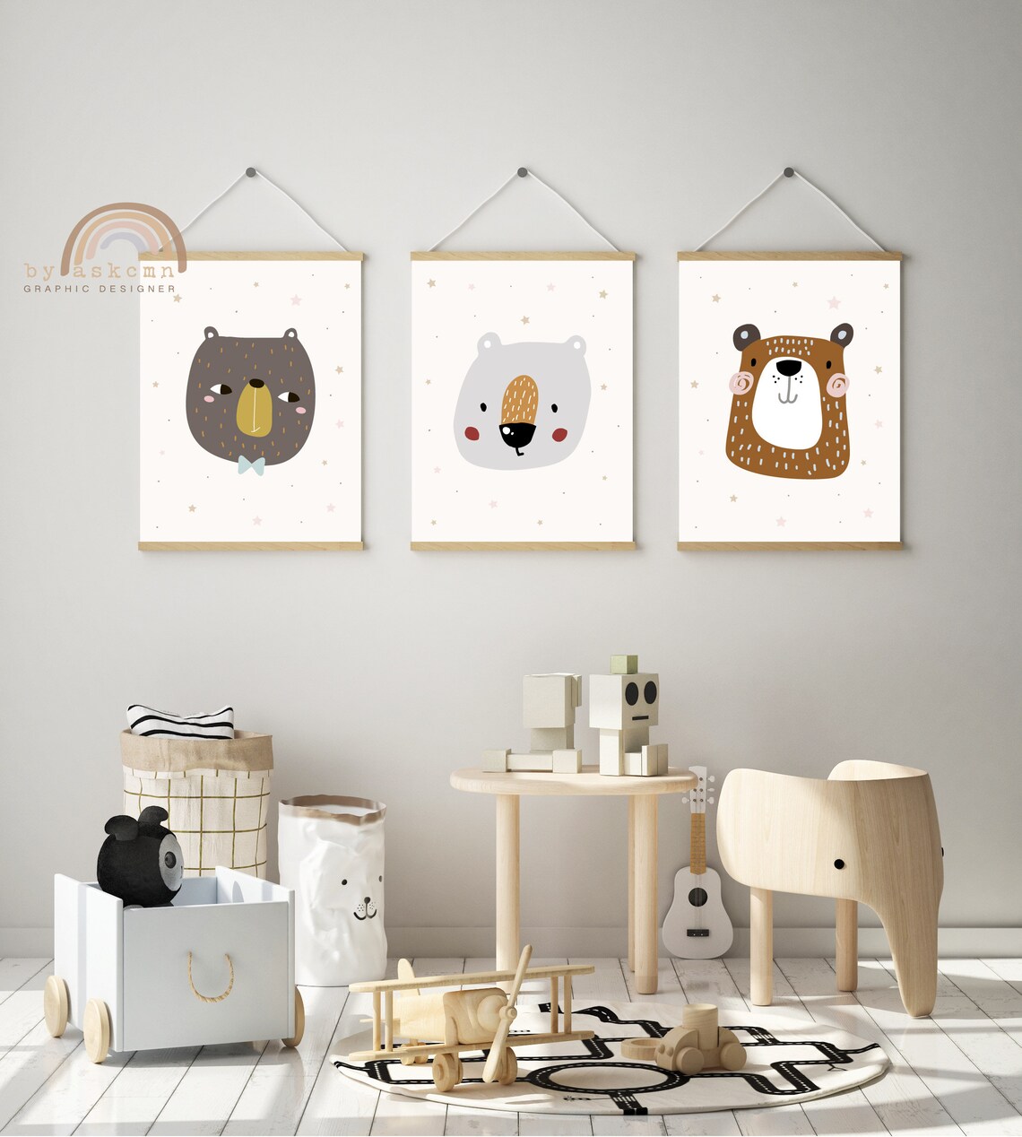 Cute Smiling Bear Cub In Red Knit Hat With Stars Nursery Poster - Image 5