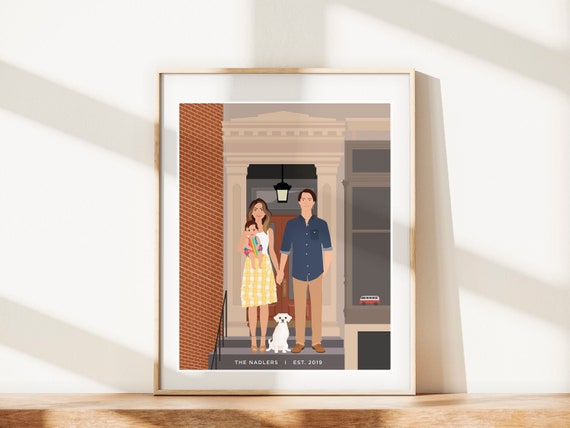 Portrait Of Family And Home Personalized Gift For Her Custom Illustration Drawing Of Us On Porch
