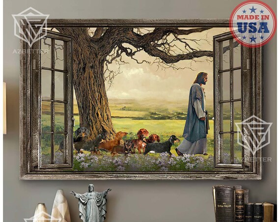 Jesus Walking With Dachshunds Through Meadow Rustic Window View Poster