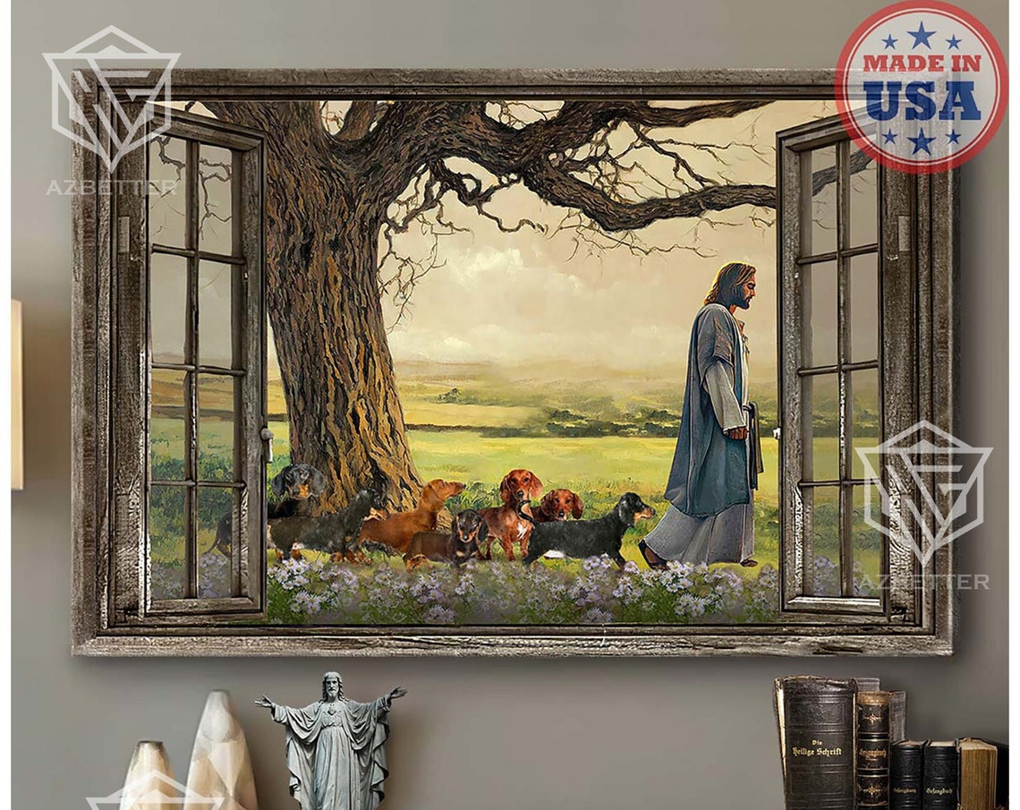 Jesus Walking With Dachshunds Through Meadow Rustic Window View Poster