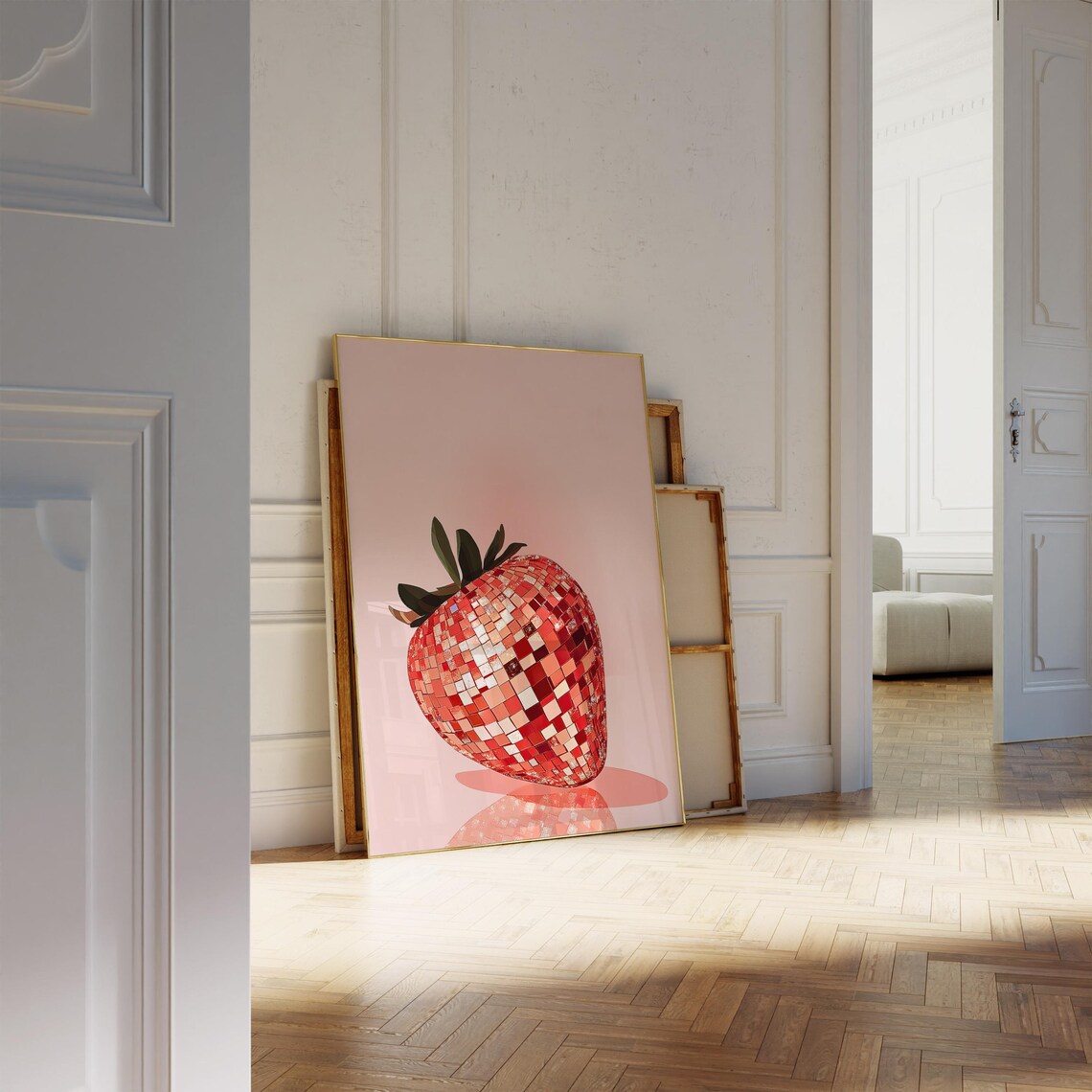 Disco Ball Strawberry Mirror Tiles On Blush Pink Funky Kitchen Poster - Image 2