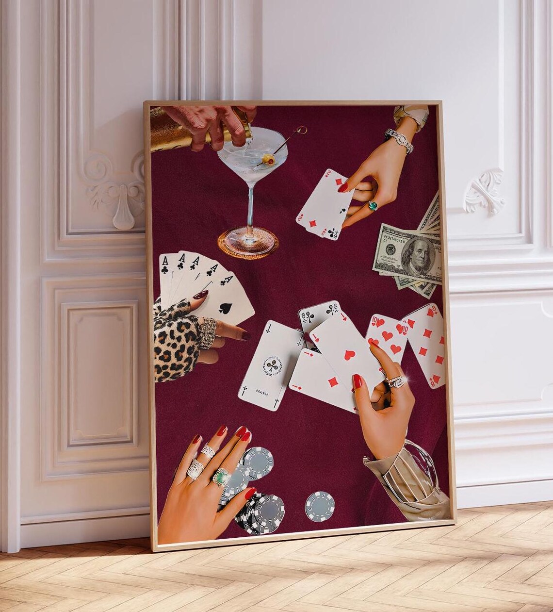 Burgundy Poker Night Playing Cards Martini and Chips Scene Poster - Image 2