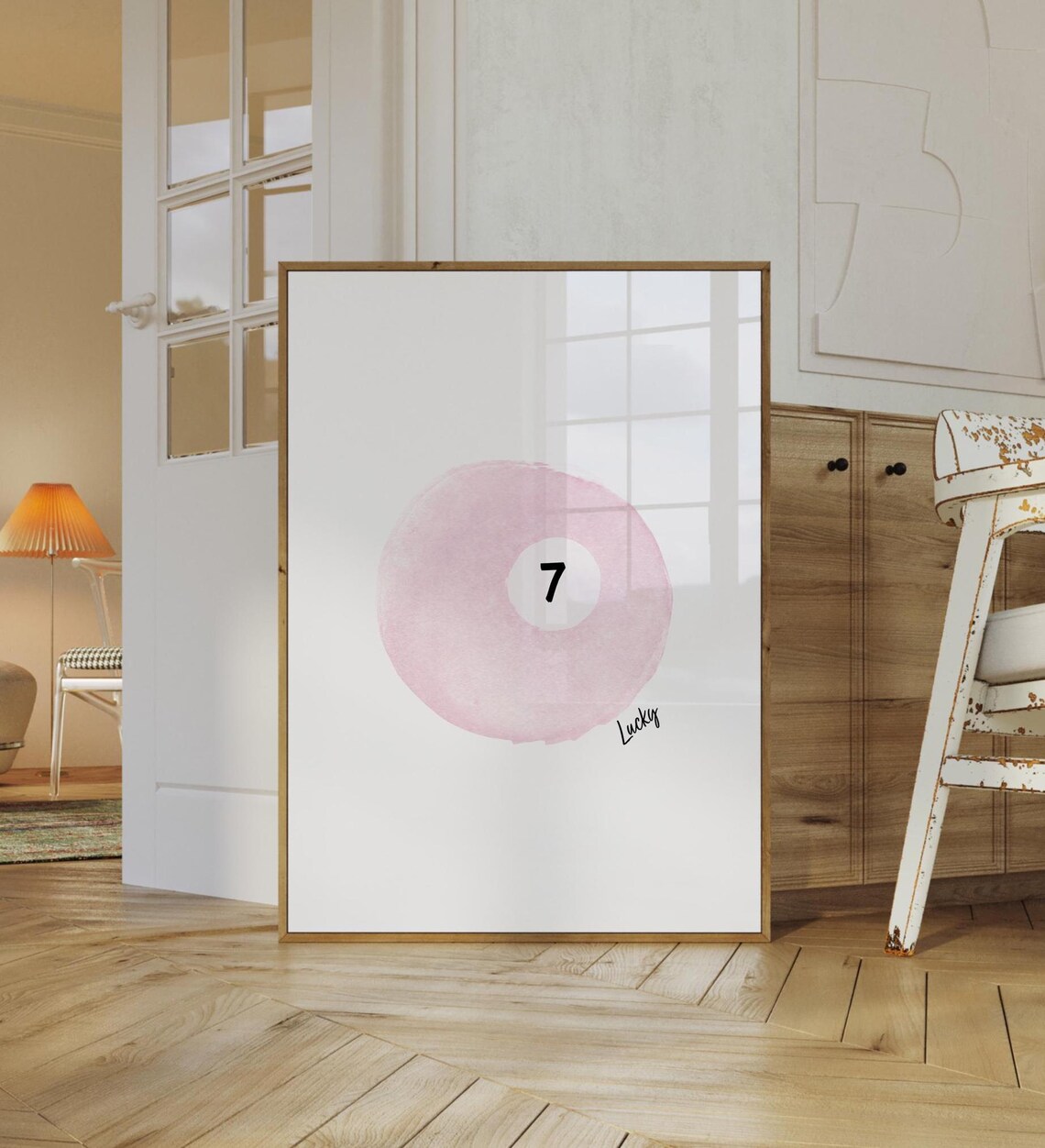 Pink Lucky Number 7 Ball Watercolor Poster with Minimalist Style - Image 3