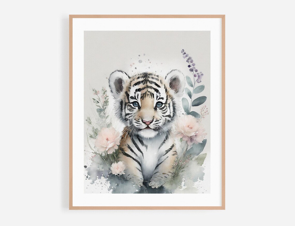 Baby Tiger Cub Watercolor Portrait With Soft Floral Blooms Poster